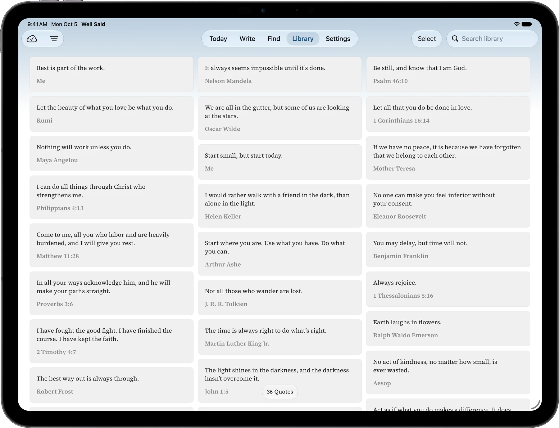 The Well Said Library on an iPad Pro in landscape, with quotes, Bible verses, and personal notes in three columns