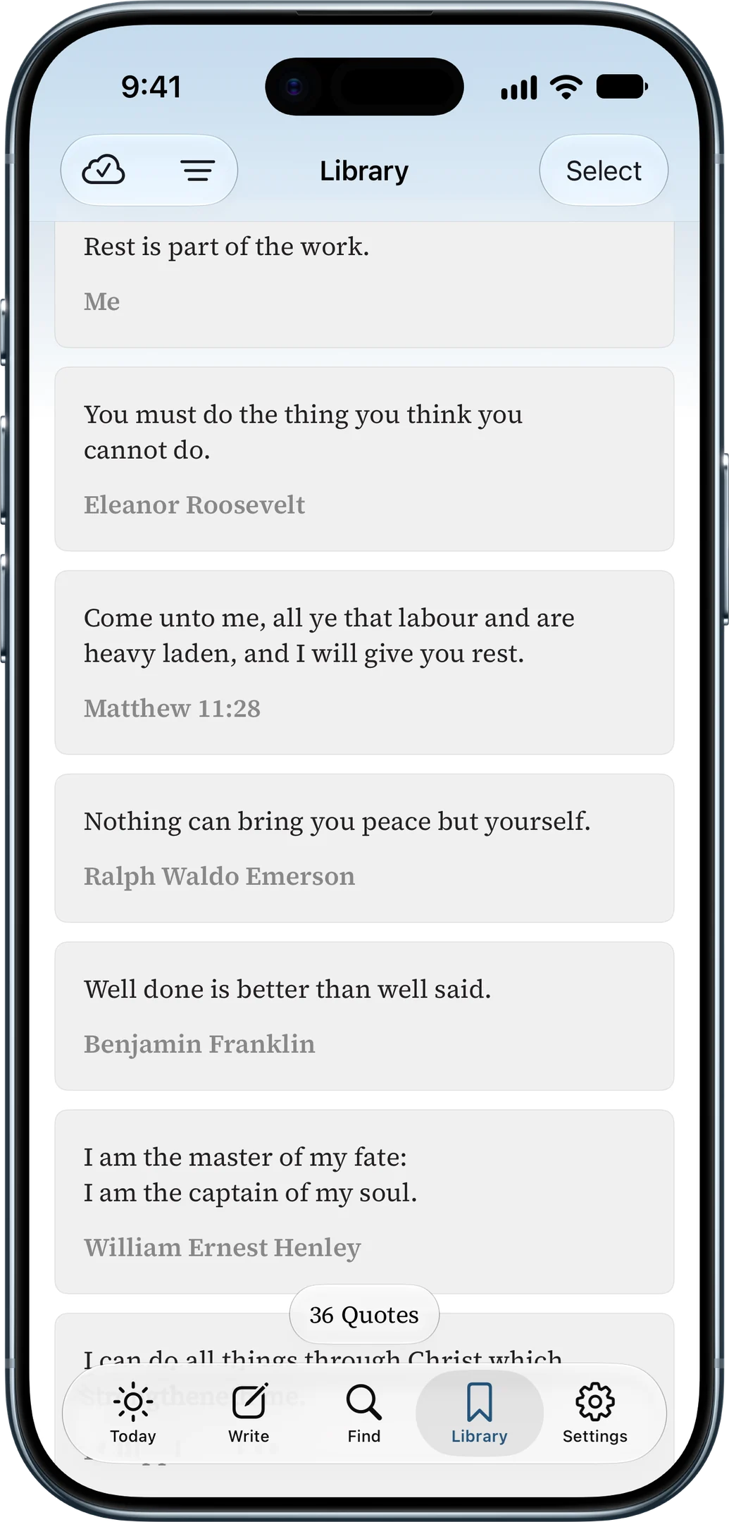 The Library in Well Said, a list of saved quotes, Bible verses, and the owner’s own words