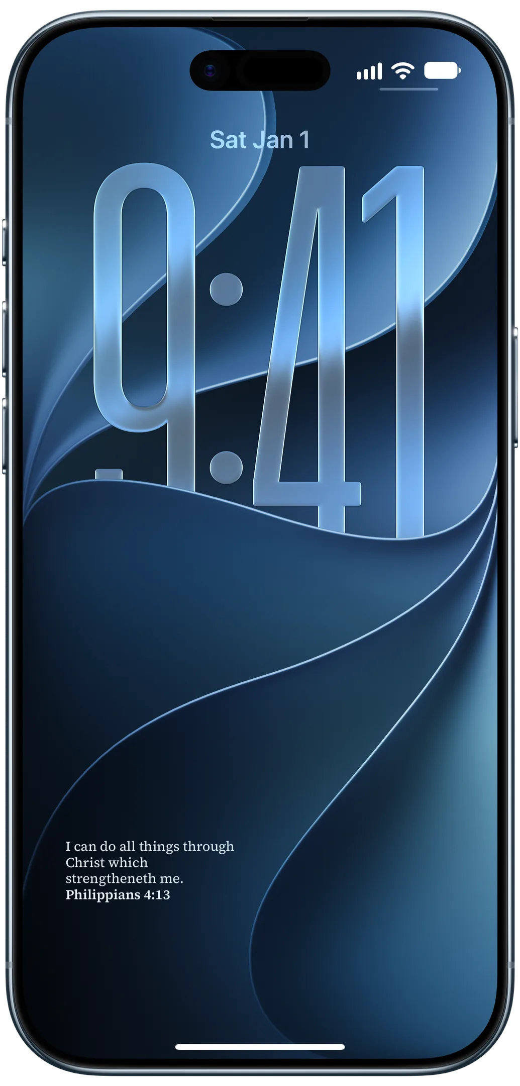 An iPhone Lock Screen with a Well Said widget below the clock showing Philippians 4:13