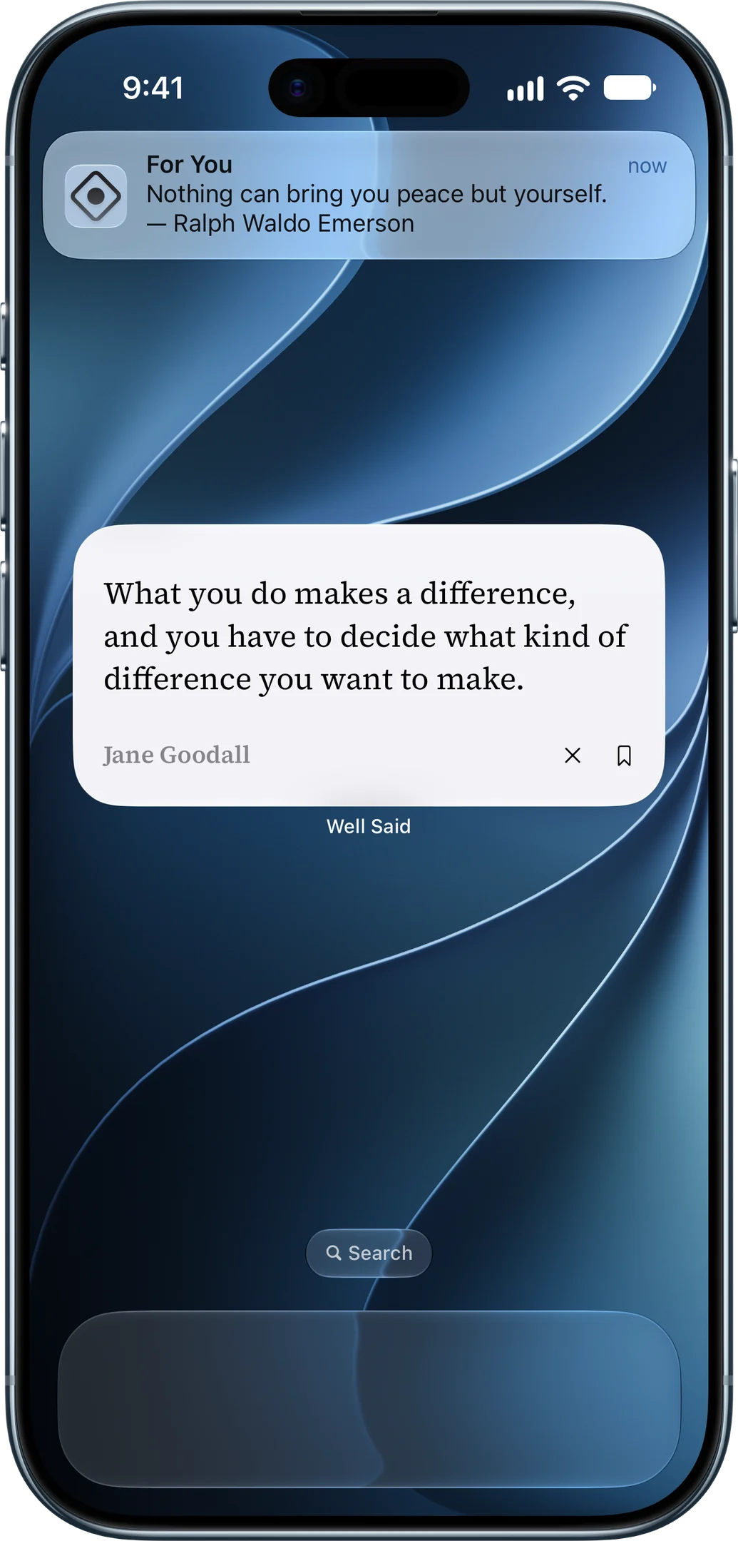 An iPhone Home Screen with a Well Said widget showing a Jane Goodall quote and a For You notification with an Emerson quote