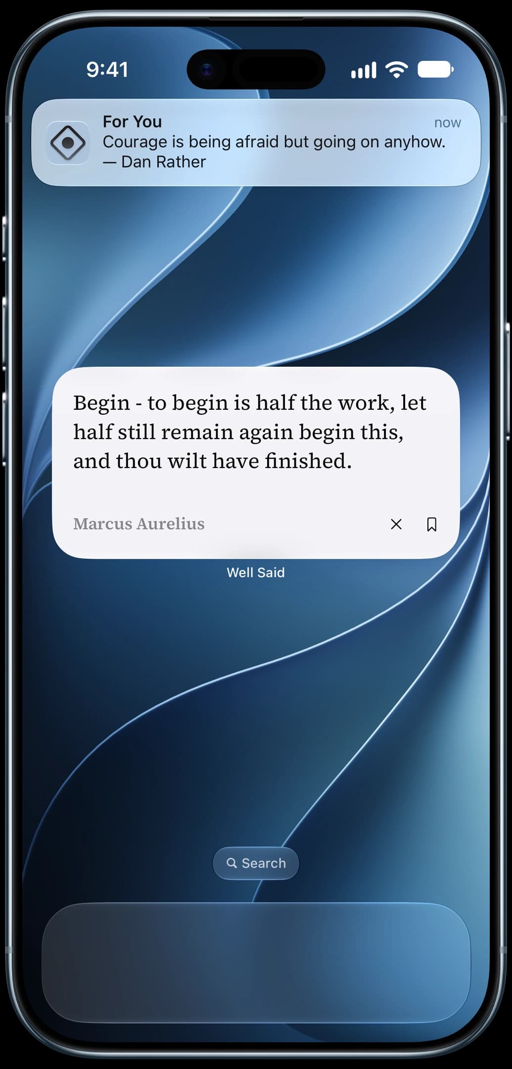 An iPhone Home Screen with a For You notification and a Well Said widget showing a Marcus Aurelius quote